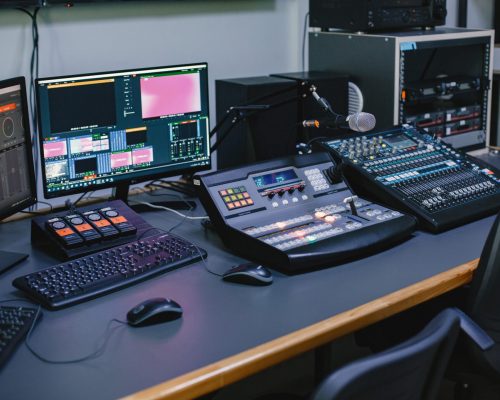 Sound engineer studio. Closeup view.